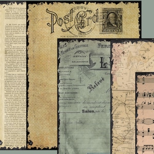 19 folhas em tamanho real de papéis antigos antigos - papéis de diário e cartões postais - folha de colagem para impressão - pacote de papel para download digital