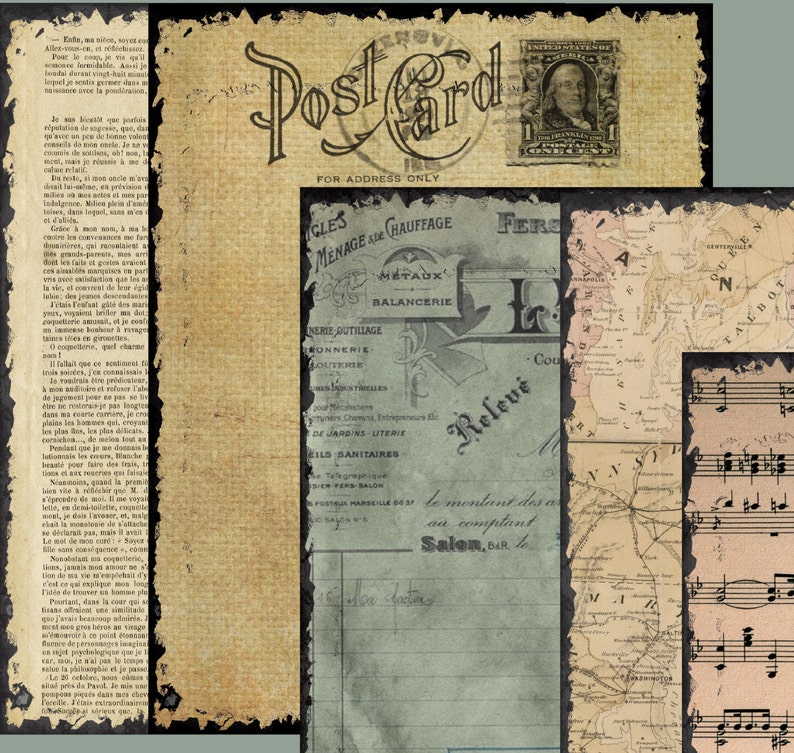 19 Full Size Sheets of Old Vintage Papers Journaling Papers and Postcards Printable Collage Sheet Digital Download paper pack image 1