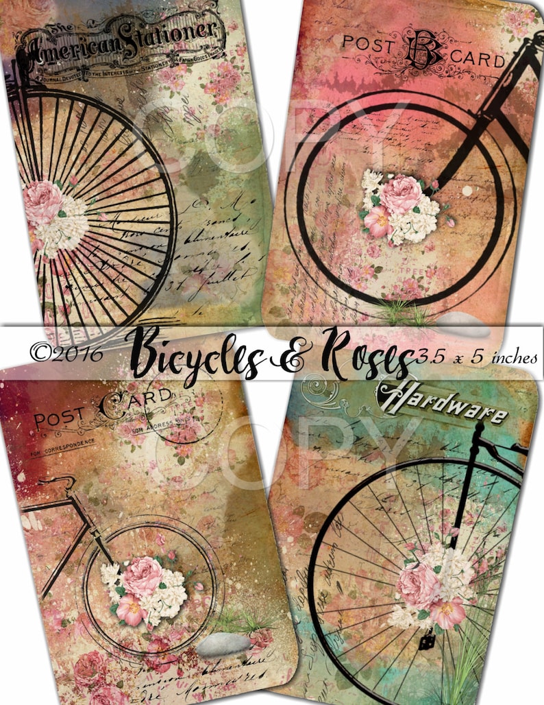 Printable Digital Collage Sheet Bicycles and Roses Romantic Downloads Hang Tags Scrapbooking Instant Download