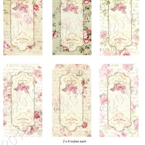 K&ouml;nnte beinhalten: Sechs druckbare Geschenkanh&auml;nger mit Vintage-Design, rosa Rosen, handschriftlicher Schrift und dem Text "Chocolat" und "Magasin Bonbon Amiens". Jeder Anh&auml;nger misst 5,1 cm x 10,2 cm.