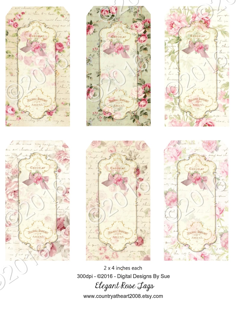 K&ouml;nnte beinhalten: Sechs druckbare Geschenkanh&auml;nger mit Vintage-Design, rosa Rosen, handschriftlicher Schrift und dem Text "Chocolat" und "Magasin Bonbon Amiens". Jeder Anh&auml;nger misst 5,1 cm x 10,2 cm.