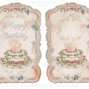 May include: A printable digital design for a birthday card featuring a vintage-style cake with pink frosting and candles, surrounded by floral embellishments. The text "Happy Birthday" is written in blue script.