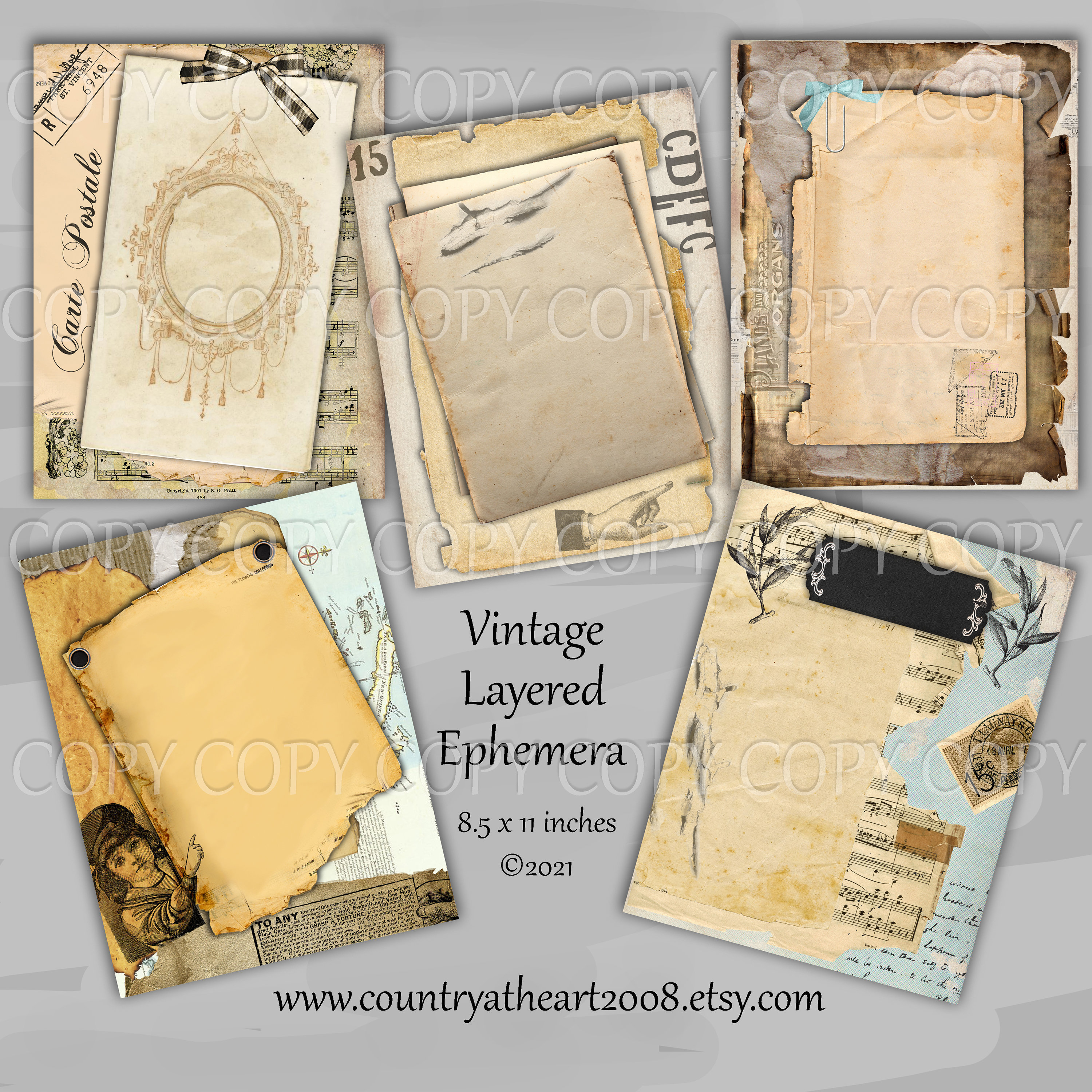 5 Sheet Paper Pack - Vintage Layered Ephemera - Printable Digital ...