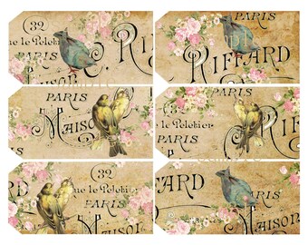 Birds In Paris -  Hang Tags-  Printable Digital Collage Sheet - Digital Download