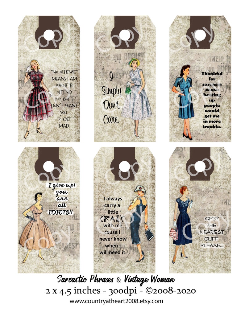 Sarcastic Phrases and Vintage Woman Tags Digital Download Printable Digital Collage Sheet image 1