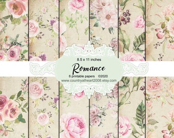 Romance Paper Kit - 7 Full Size Sheets of Printable Papers and tags  - Digital Download - Journal Paper and tags