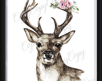 Instant Download  - Deer With Floral In Antler  -  Printable Digital Collage Sheet - Wall Decor - Wall Art - Print and Frame