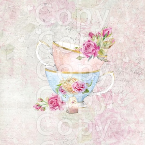 Shabby Chic Tea Cup and Roses - Single Image -  Printable Digital Collage Sheet - Digital Download