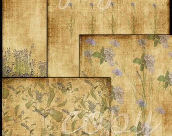 May include: A set of four digital paper backgrounds featuring a vintage aesthetic with a light brown background and a pattern of pressed flowers and leaves in shades of green and purple.