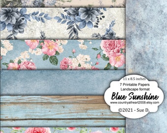 Blue Sunshine Paper Pack - Printable Paper  - 7 Full Size Sheets of Printable Papers  - Digital Download - Journal Paper