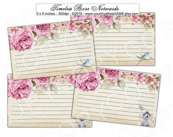 May include: Three 3 x 5 inch notecards with a floral design featuring pink roses, green leaves, and blue birds. The notecards have lined paper and are perfect for writing down recipes or notes.