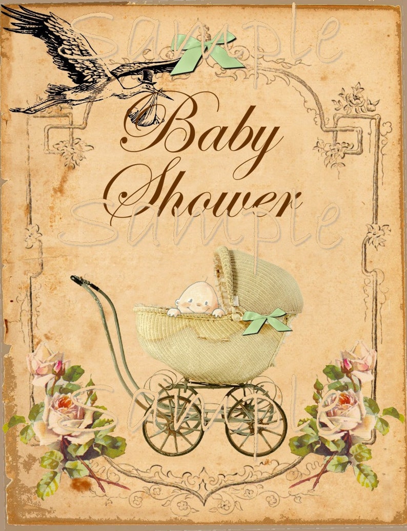 Vintage Baby Shower Printable Flat Card 5 x 7 Single Image Printable Digital Collage Sheet INSTANT DOWNLOAD image 2