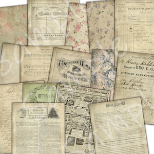 15 folhas em tamanho real de papéis antigos antigos - papéis de diário e cartões postais - folha de colagem para impressão - pacote de papel para download digital