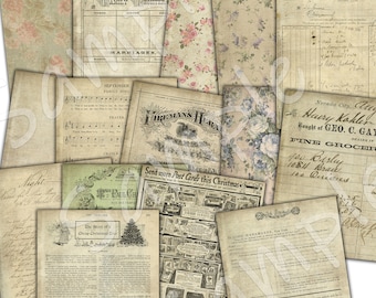 15 Full Size Sheets of Old Vintage Papers   - Journaling Papers and Postcards -  Printable Collage Sheet - Digital Download paper pack