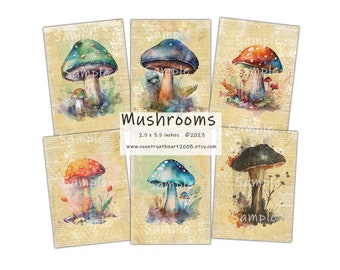 Mushrooms - Collage Sheet - Printable Download - Gift Tags - Scrapbook