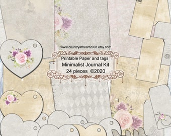 24 piece Minimalist Paper Kit - Printable Papers and tags  - Digital Download - Journal Paper and tags