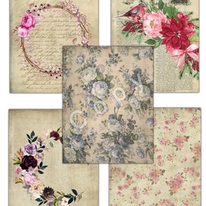 15 folhas em tamanho real de papéis vintage antigos com flores - Papéis de registro no diário - Folha de colagem para impressão - Pacote de papel para download digital