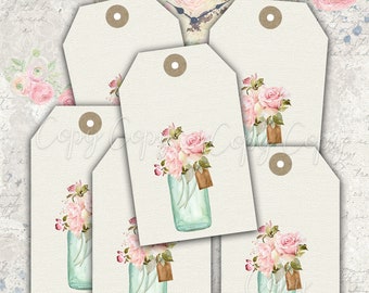 Instant Download  - Vases and Flowers - Tags  - Digital Download - Printable  Digital Collage Sheet