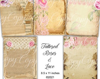 Tattered Roses and Lace Paper Pack  8.5 x 11 inches - Original Design  - Printable Collage Sheets - Digital Paper - Scrapbook paper