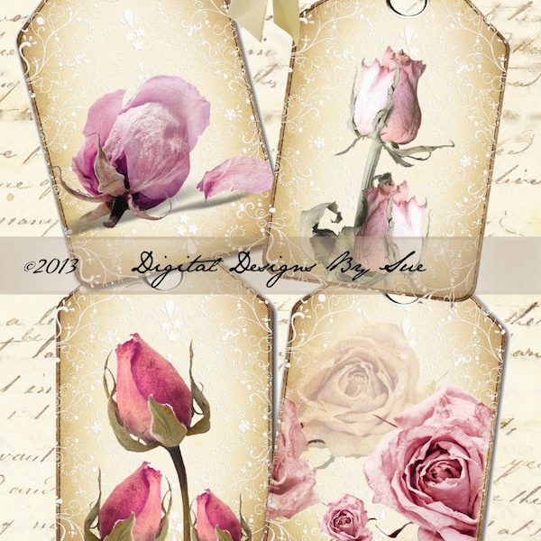 Dried Roses Hang Tags -   Digital Download - Printable  Digital Collage Sheet