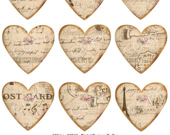 2.3 inches INSTANT DOWNLOAD  - Vintage  Hearts12 -  Digital Download - Printable  Digital Collage Sheet