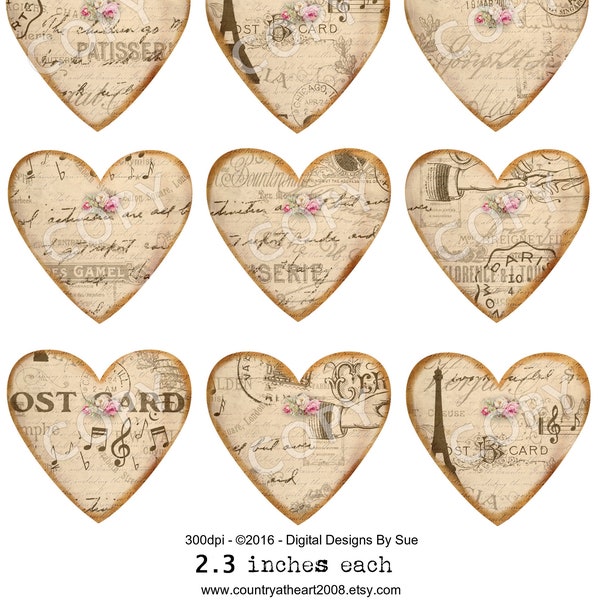2.3 inches INSTANT DOWNLOAD  - Vintage  Hearts12 -  Digital Download - Printable  Digital Collage Sheet