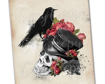 Skull and Roses  - Single Image -  Printable Digital Collage Sheet - Digital Download