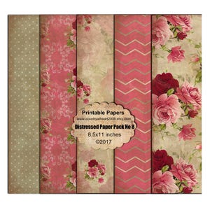 Pode incluir: Pacote de papel digital imprimível com quatro designs diferentes. Os designs incluem um padrão de bolinhas, um padrão de damasco, um padrão de chevron e um padrão floral com rosas cor-de-rosa e vermelhas. O pacote de papel mede 8,5x11 polegadas e é intitulado "Distressed Paper Pack No 8".