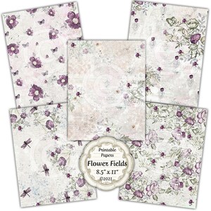 Flower Fields Paper Set - 5 Full Size Sheets of Printable Papers  - Digital Download - Journal Paper