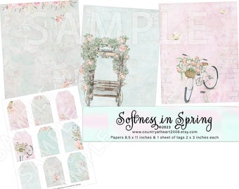 Softness in Spring Paper Set - 8.5 x 11 inches PLUS Tag sheet - Printable Collage Sheet - Scrapbook - Journal - Wedding - digital paper