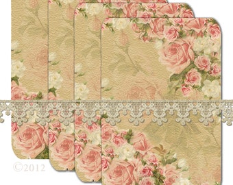 Pink & White Cottage Roses - 3x5 - Printable  Digital Collage Sheet - Download Images - Tags - Romantic - Ephemera