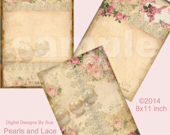 Pearls and Lace Paper Pack -  Printable Collage Sheet - Digital Paper - Scrapbook paper