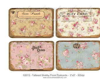 Tattered Shabby Floral Postcards - 3x5 - Printable  Digital Collage Sheet - Download Images - Tags - Romantic