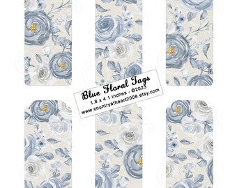 Blue Floral Tags -   1.8 x 4.1  inches - Digital Download - Scrapbook - Hang Tags