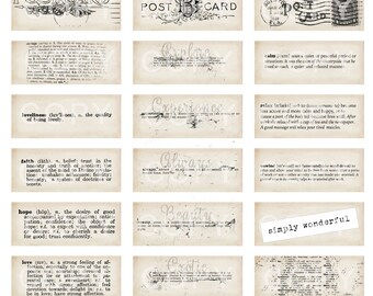 May include: A set of 10 vintage-style printable postcards featuring words like "explore", "experience", "always", "beauty", "exotic", "calm", "relax", "simply wonderful", "loveliness", "faith", "hope", and "love". Each postcard is 2.5 inches by 1 inch and has a distressed, aged look. The words are printed in black ink on a cream-colored background.
