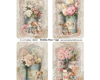 Shabby Rose Tags -  Printable Digital Collage Sheet - Digital Download