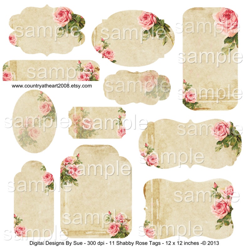 INSTANT DOWNLOAD 11 Shabby Rose tags Collage Sheet Printable Download Gift Tags Scrapbook Hang Tgas image 1