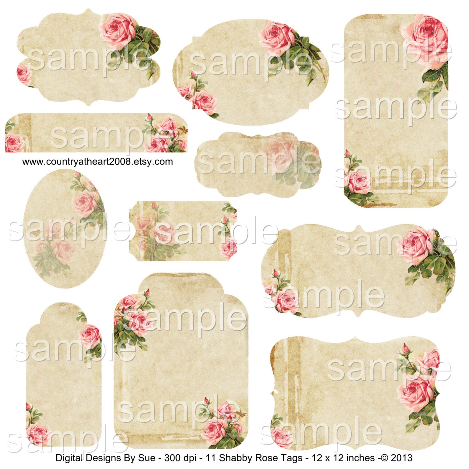 INSTANT DOWNLOAD -11 Shabby Rose Tags - Collage Sheet - Printable ...