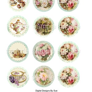 Teacup and Rose Circles - 2 inch Circles Printable Digital Collage Sheet - Digital Download