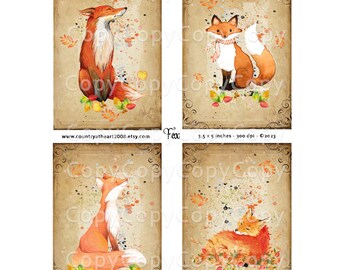 FOX -  Digital Download - Printable  Digital Collage Sheet - Gift Tags Hang Tags Romantic