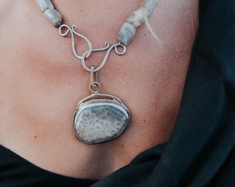 Petrified Wood and Grey Moonstone Necklace