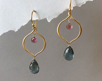 Moss Aquamarine & Pink Tourmaline Gold Marquise Earrings