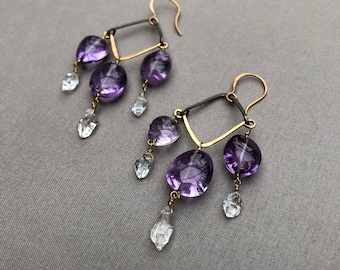 Polished Amethyst and Herkimer Diamond Chandelier Earrings