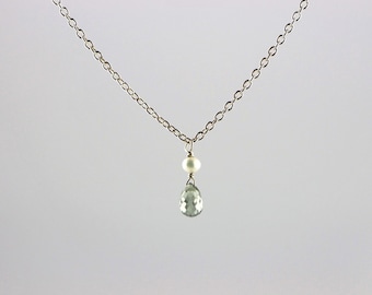 Teeny Tiny Pearl and Green Sapphire Briolette Pendant on Silver Chain