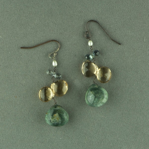 moss aquamarine earrings with citrine and pearl in oxidized sterling silver