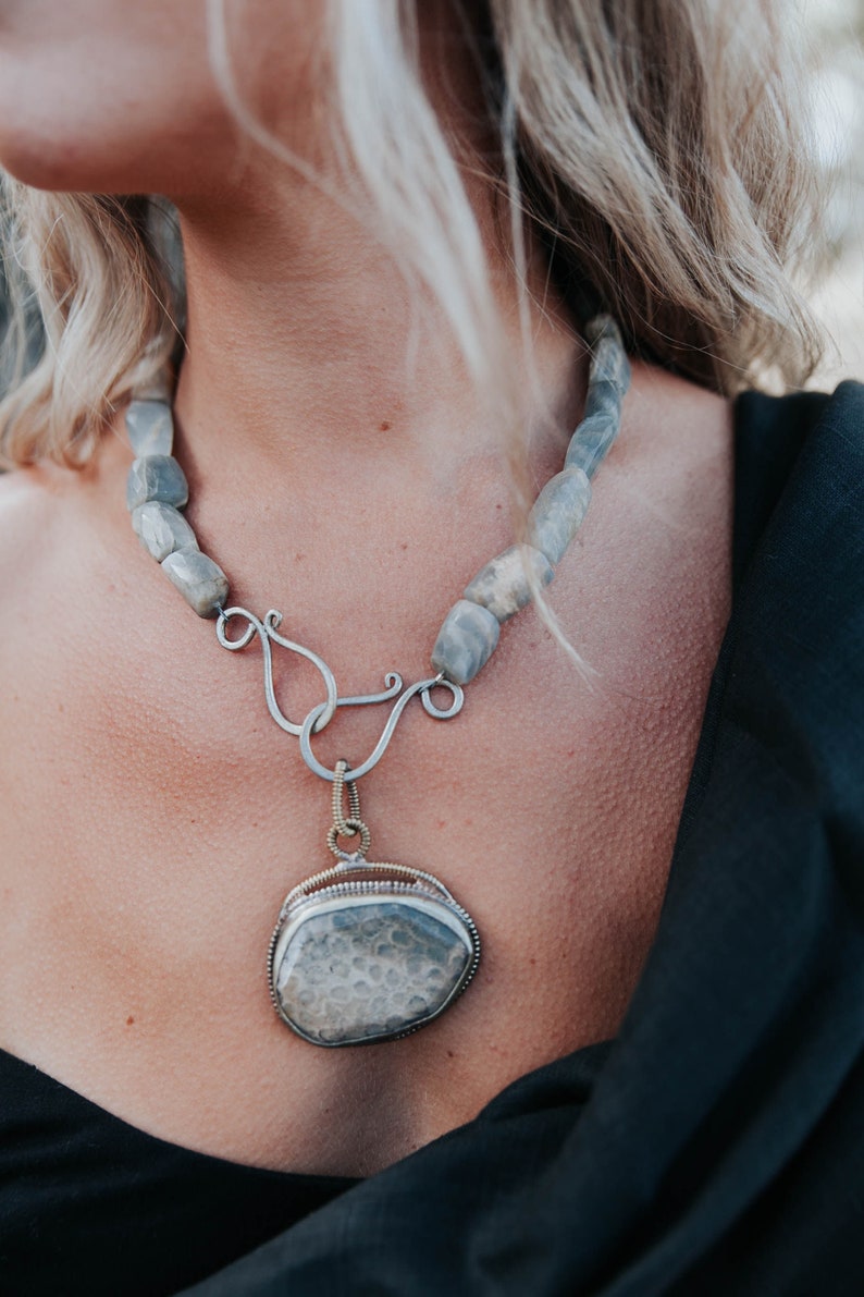 Petrified Wood and Grey Moonstone Necklace image 1