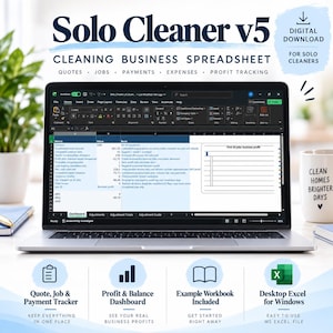 May include: A laptop screen displays the Solo Cleaner v5 cleaning business spreadsheet, featuring tabs for quotes, jobs, payments, expenses, and profit tracking. The interface includes a dashboard with financial metrics and a profit chart.