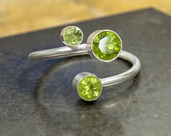 Modern Sterling Silver 3-Stone Ring With Genuine Peridot, Garnet or Cubic Zirconia, Slightly Adjustable, Unique Handmade Birthstone Gift