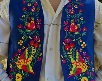 Blue Unisex Vest Embroidered Mexican Flowers Birds, Handmade, Gift