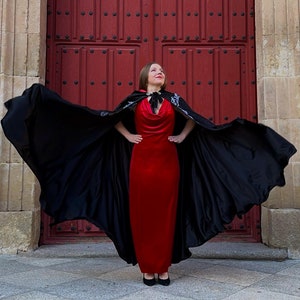 Black Velvet Hooded Cloak with Gothic Embroidery, Red Lining, Unisex Cape, Vampire Witch Fantasy Costume, Handmade Wedding Gift Gothic Style